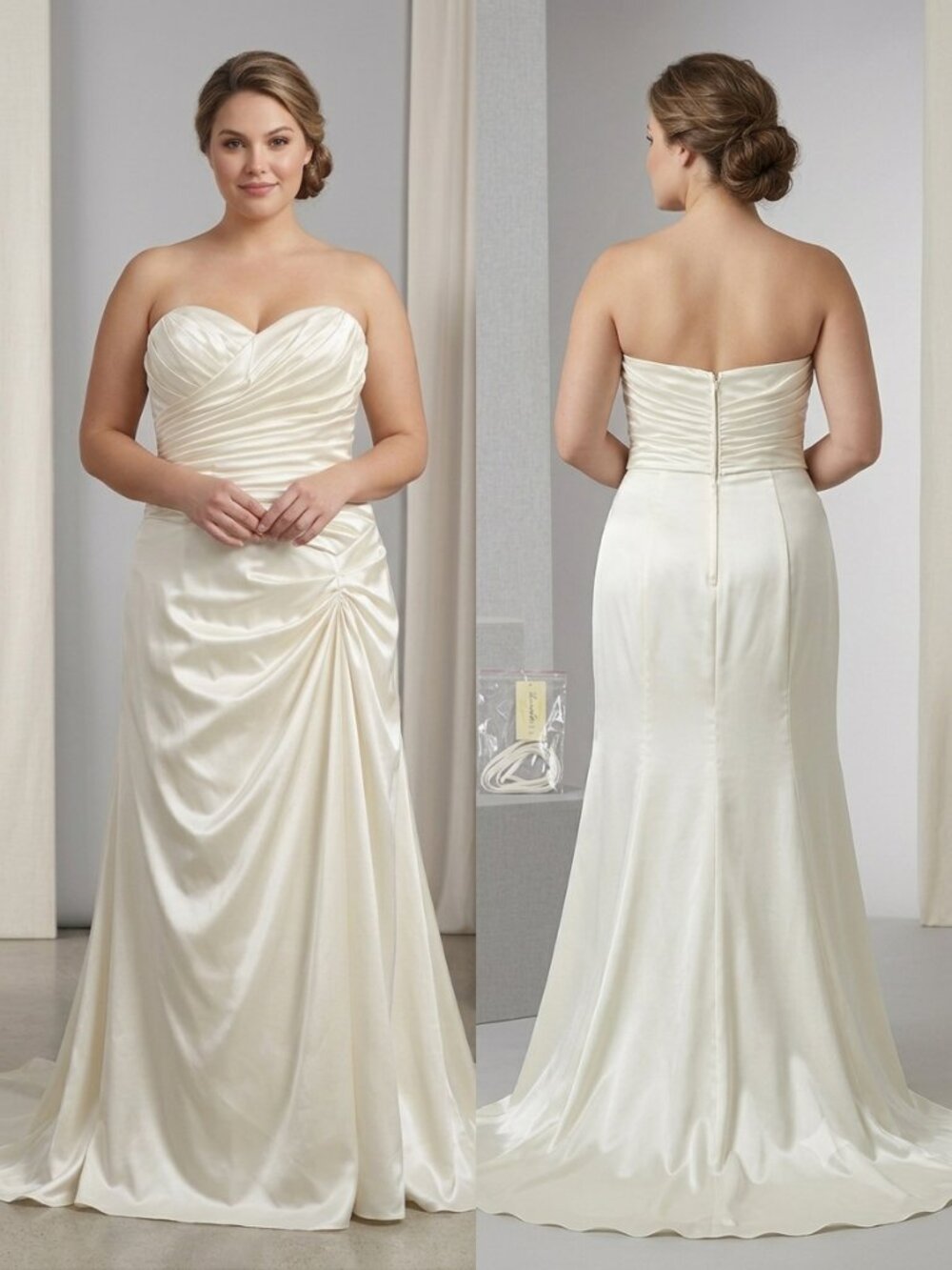 Cinderella Divine Cream Satin Strapless Ruched Sweetheart Formal Wedding Gown L